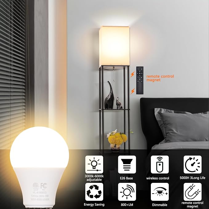 Gupuzm A19 LED Remote Control Bulbs, 800LM 9W, Equivalent to 60W Bulbs, Dimmable Bulb with Remote Control 3000K-6000K, E26 Base, CRI 80+,2.4GHz, Lifespan Over 25,000 Hours (9W-1 Remote-1 Bulb)