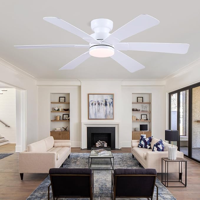 Asyko 52" White Modern Low Profile Ceiling Fan with LED Light and Remote | Flush Mount,Super Large Airflow with 6 Wind Speeds, Reversible, Dimmable 3 CCT LED Light, Quiet 30W DC Motor,2H Timer