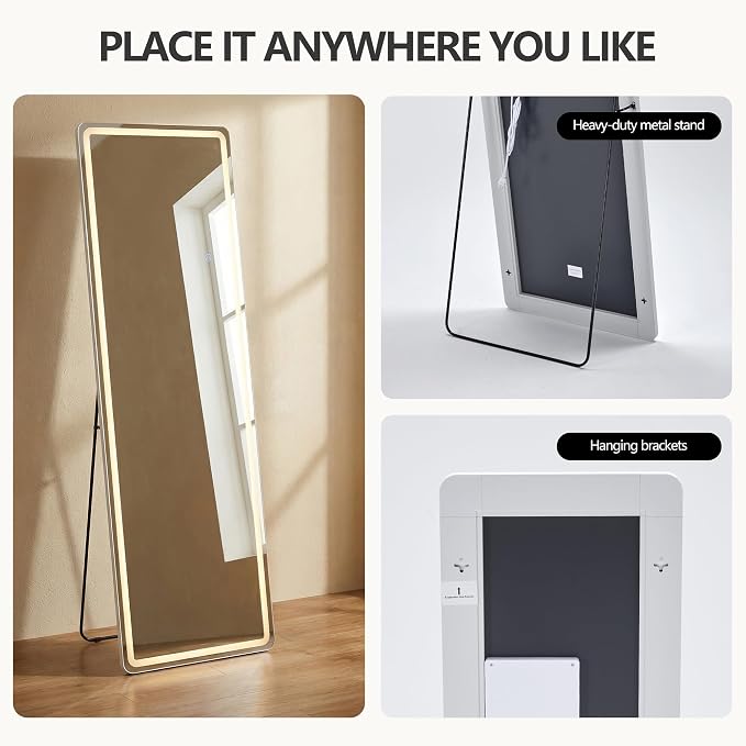 60"x16" LED Full Length Mirror with Lights - Full Body Floor Mirror, Dimmable with 3 Color Temperature, Memory Function, Standing Leaning Wall Mounted Vanity Mirror for Bedroom Cloakroom