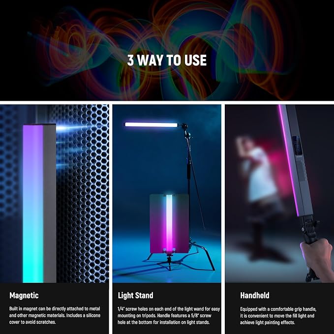 NEEWER RGB2 LED Tube Light Stick with Metal Barndoor, Handle, Touch Bar/APP/2.4G Control, Rechargeable Magnetic Handheld RGB Video Light, 2500K-10000K CRI98+ Dimmable Photography Lighting, 18 Scenes