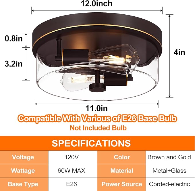 Flush Mount Ceiling Light Fixtures, 2-Light Oil Rubbed Bronze Ceiling Mount for Farmhouse with Clear Glass Lampshade, Industrial Flush Mount Light Fixture for Hallway, Kitchen, Entryway and Foyer