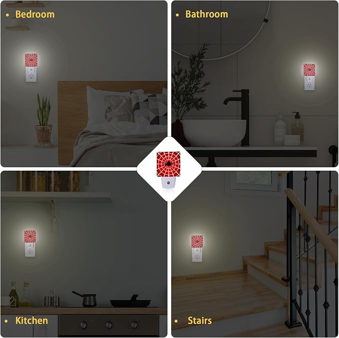 Red Spider Web Night Light with Dusk to Dawn Light Sensors, Plug-in Wall Led Night Lights, Energy Efficient Lamp for Bedroom/Bathroom/Kitchen/Hallway/Stairs