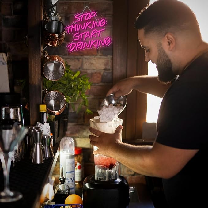 Stop Thinking Start Drinking Neon Sign Pink Led Neon Signs Letter Neon Lights Neon Bar Signs for Wall Decor USB Light Up Sign Neon for Home Bar Man Cave Party Club Restaurant