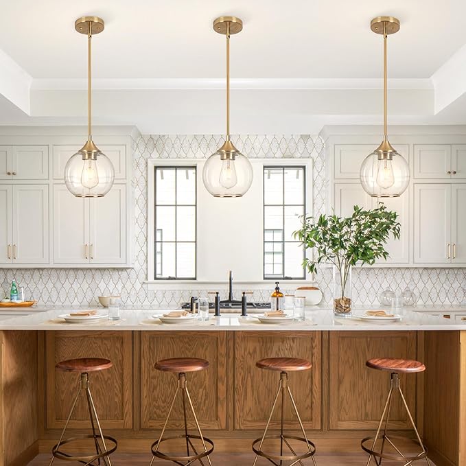 Pendant Lights Kitchen Island,Farmhouse Gold Pendant Light with Clear Glass Globe Shade,6.29" Glass Pendant Light for Brushed Bronze Finish Farmhouse Entryway Dining Room Kitchen Island 2PCS