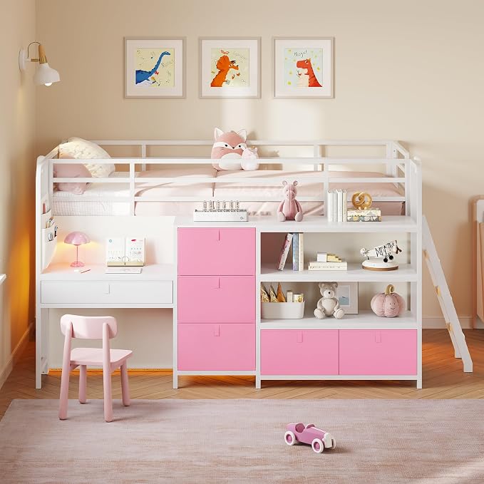 Low Loft Bed Twin Size with Desk, 6 Storage Drawers & Bookshelf, Kids Loft Bed with LED Lights & Under-Bed Play Space, Heavy Duty Metal Bed Frame with 13.8"H Safety Guardrail & Ladder, White and Pink