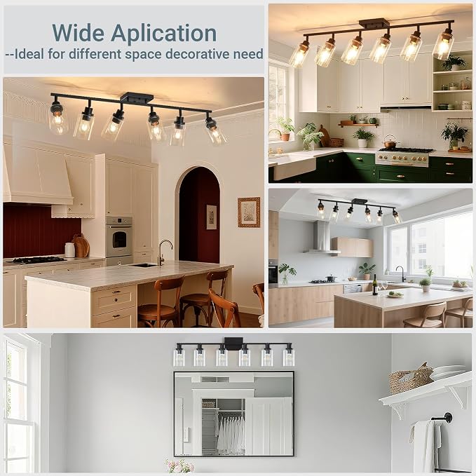 LOUSACE 6 Light Kitchen Track Light Fixtures Ceiling Vanity Lights Black, Bathroom Track Lighting Kit w/Rotatable Heads & Clear Glass Shade, Modern Wall Ceiling Tracking Light for Accent Shop Hallway