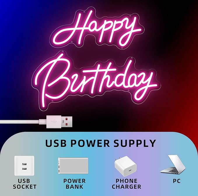 22x16.9 Inch Large Happy Birthday Neon Sign, Dimmable Pink LED Neon Light Sign for Party Backdrop, USB Wall Decor for Bedroom,Reunion,birthday