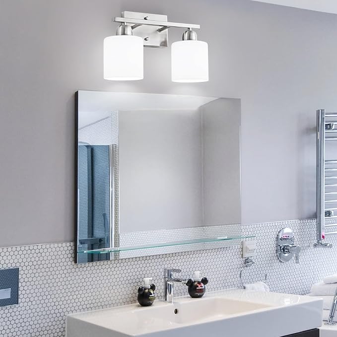 Brushed Nickel Bathroom Light, Anti-Rust Finish 2 Light Bathroom Vanity Light Brushed Nickel, Milky White Frosted Glass Shades, E26 Socket