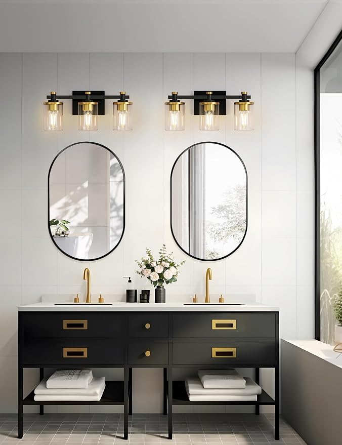 Bathroom Light Fixture, Bathroom Vanity Light Over Mirror, 3-Lights | Vanity Lights for Bathroom, Modern Lighting Fixtures with Clear Glass Shade, Black and Gold Vanity Lights, ETL Listed