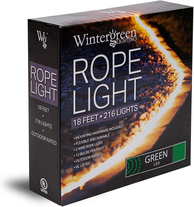 Wintergreen Lighting 18' LED Green Rope Light, Flexible Rope String Light Outdoor – Bedroom LED Light Rope, 120V, ½ Inch, 2-Wire – Rope Light Clips and Power Cord Included