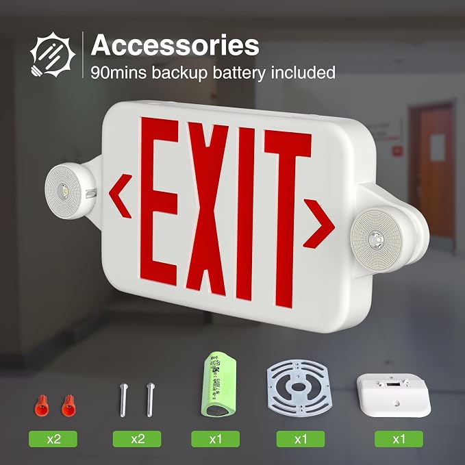 FREELICHT 24 Pack Red Double-Sided LED Exit Signs with Emergency Lights | Two LED Adjustable Heads, 90min Battery Backup, Hard Wired, UL Listed, AC 120/277V, Flame Retardant for Commercial Use