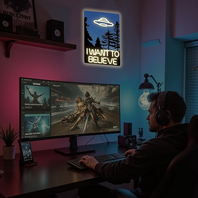 I Want to Believe Neon Sign UFO LED Light Sign for Bedroom Living Room Dimmable Alien Decor Light Up Wall Sign UFO Poster Alien Movie Neon Lights Cool I Want to Believe Decoration Gifts for UFO Fans