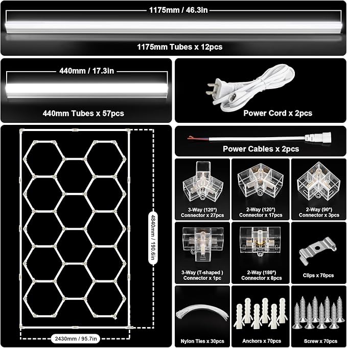 Hexagon Garage Lights Honeycomb LED Hex Light, 672W, 80640LM, 6500K Super Bright, 14 Grid Systems Car Detailing Lights with Rectangular Frame for Garage Warehouse Workshop Basement Gym
