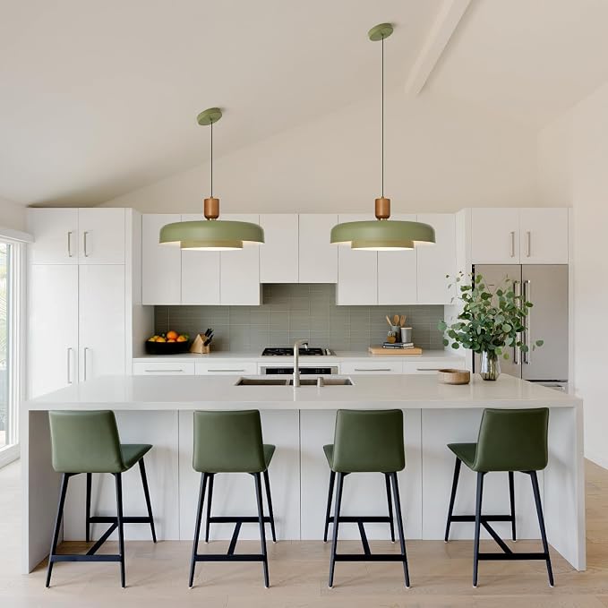 Mid Century Green Pendant Light: 20" 2-Tiered Lighting Over Kitchen Island | Wood Brushed Brass Hanging Ceiling Light, Modern Nordic Metal Pendant Light, For Dining Room Sink Bedroom Hallway Entryway