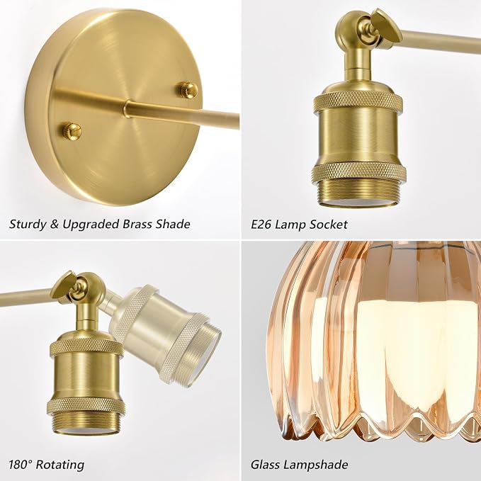 Vintage Battery Operated Wall Sconce, Amber Tulip Glass Lampshade Wireless Rechargeable Battery Powered LED Wall Light with Remote Dimmable for Bedside Bedroom Doorway Living Room, Set of 2