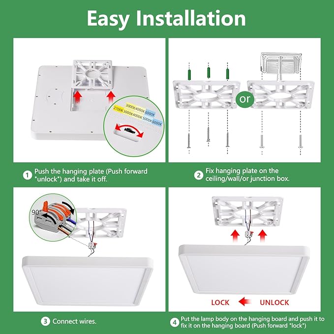 12 Inch 6PK Square LED Flush Mount Ceiling Light, 24W, 2500LM, 3000K/4000K/6000K CCT Selectable, LED Flat Panel Low Profile Ceiling Light Fitures for Hallway, Kitchen, Bedroom, Laundry Room