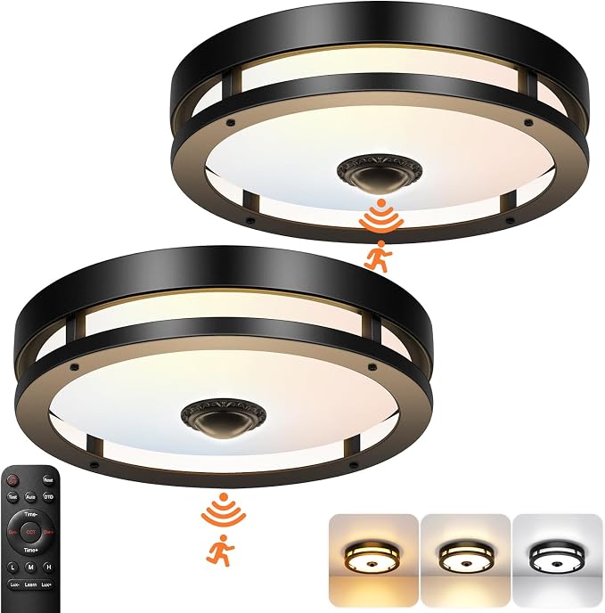 Outdoor Motion Sensor Ceiling Light with Remote, Tunable White Exterior Flush Mount Ceiling Lights, 12" Outdoor Porch Light Fixture for Garage, Entryway, Patio, 2 Pack