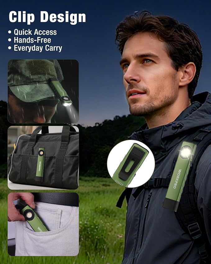 WORKPRO Rechargeable Pocket Flashlight, Magnetic EDC Light with UV, Green | Compact, 600 Lumens LED & UV Light, 2 Magnetic Bases, Pocket Clip, 7 Modes, Camping, Garage, Repair & Emergency Use