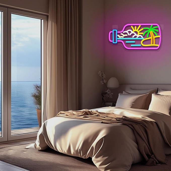 Bottle Beach Neon Sign Dimmable Summer Tropic Neon Light Sign for Wall Decor Palm Tree Led Signs for Bedroom Living Room Hawaii Shop Beach Bar Party Art Decor Gift 16.5" x 8.4"