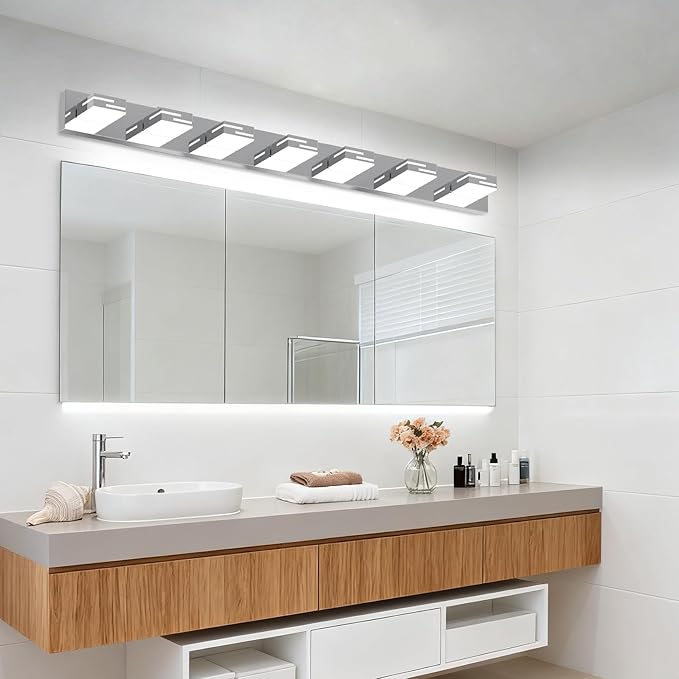 LED Modern Bathroom Vanity Light Fixtures, 7-Light 48-inch Dimmable Chrome Vanity Lights for Bathroom Lighting Fixtures Over Mirror, with 350° Rotatable Heads (Cool White 6000K)