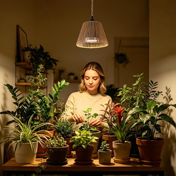 Hanging Grow Light, 30W LED Lamp with Timer for Indoor Plants | 4000K LED plant lamp with 15 ft cord, outlet timer, and boho paper rope shade for succulents, herbs, and low-light rooms.