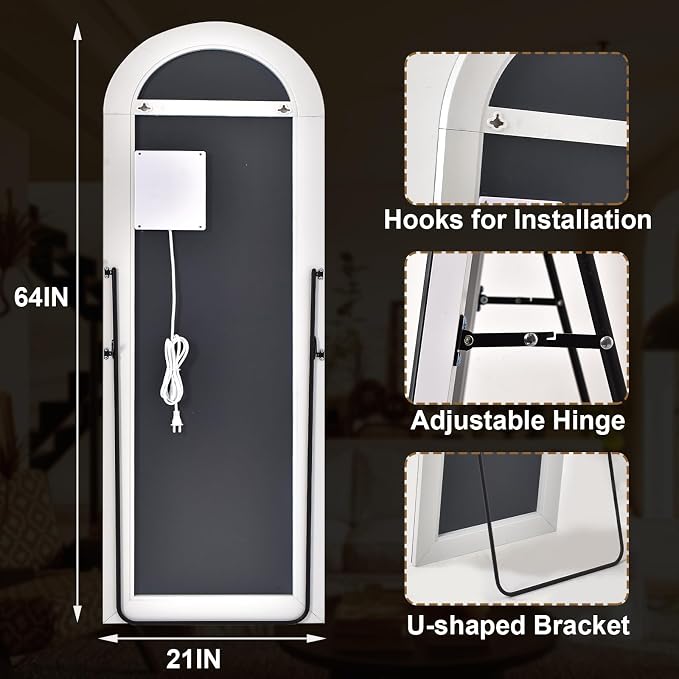 Arched LED Mirror Full Length Standing, 64"x21" Full Body Mirror | Lighted Floor Mirror with Stand, Dimmable & 3 Color Lighting, Wall Mounted Leaning Standing Mirror for Bedroom, Cloakroom