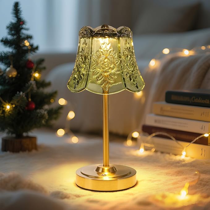 Shenmoyl Set of 2 Cordless Touch Table Lamp with 5200mAh Battery - 3 Adjustable Color Temperatures & Dimmable, Rechargeable Lamp for Bedsides, Living Room, Entryway, Bookshelves (Green Rose)