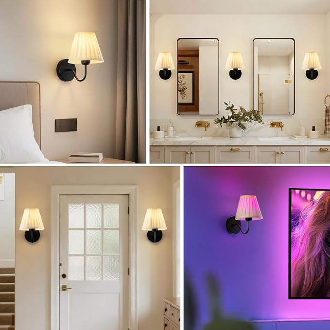 Vintage Battery Operated Wall Sconces Set of 2, Pleated Fabric Shade Black Wall Lamp with Remote Control, Cordless Rechargeable Wall Sconces Fixtures for Bedroom, Living Room, Beside