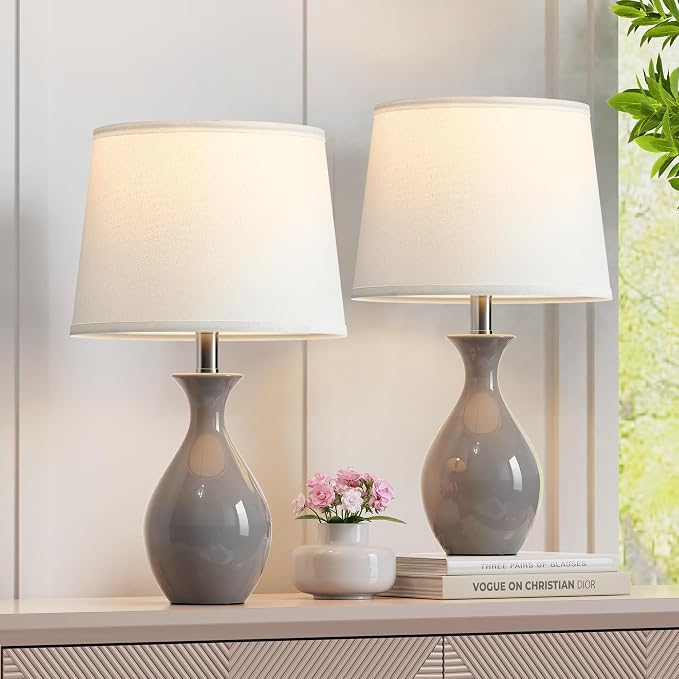 Table Lamp Set of 2, Modern Ceramic Bedside Lamps for Night Stands, Classic Small Lamp Nightstand Lamp for Bedroom Living Room Desk End Table Rocker Swtich Grey