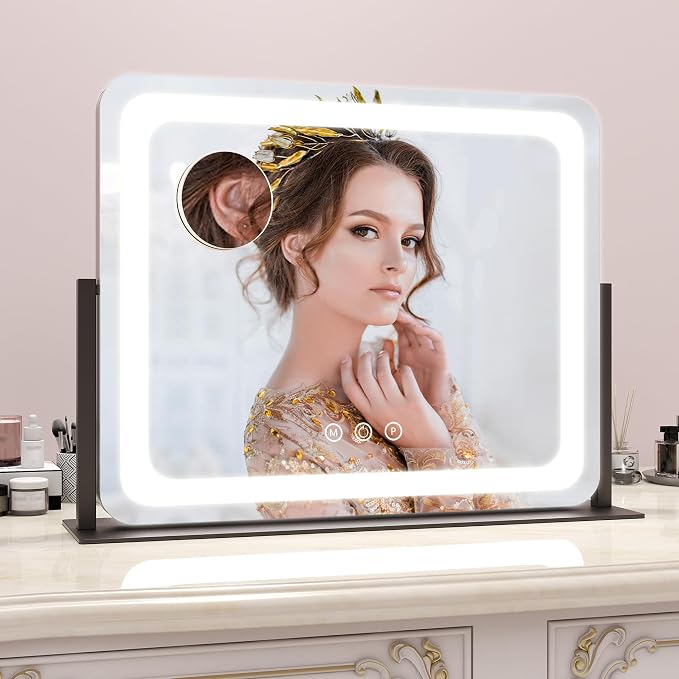 ROLOVE 22x17 Inch Lighted Vanity Mirror with Dimmable LED Lights - 3 Color Modes, Smart Touch Control & 360° Rotating Base - Desk Makeup Mirror (Black)