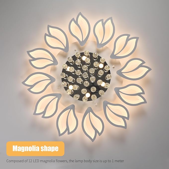 Garwarm 40.7 Inch Modern Crystal Flower LED Ceiling Light with Remote,White | Low-Profile Dimmable Flush Mount Chandelier with Memory for Large Living Room, Bedroom, Dining Room, Kitchen and Office
