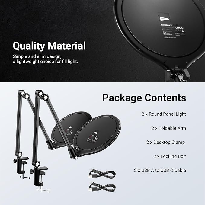 NEEWER Basics 2 Pack 10.5" Streaming Key Lighting, 3000-6500K 15W Full Screen LED Panel Ring Light with Adjustable Arm Stand Desk Clamp Timer for Laptop Computer Video Conference Zoom Makeup, R10