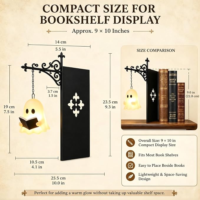 Library Lantern Bookshelf Lamp, Ghost Bookshelf Lantern with Warm LED Nightlight, Mini Nook Light for Bookshelf, Decorative Table Desk Luminaire, Halloween Bookshelf Decor for Book Lovers