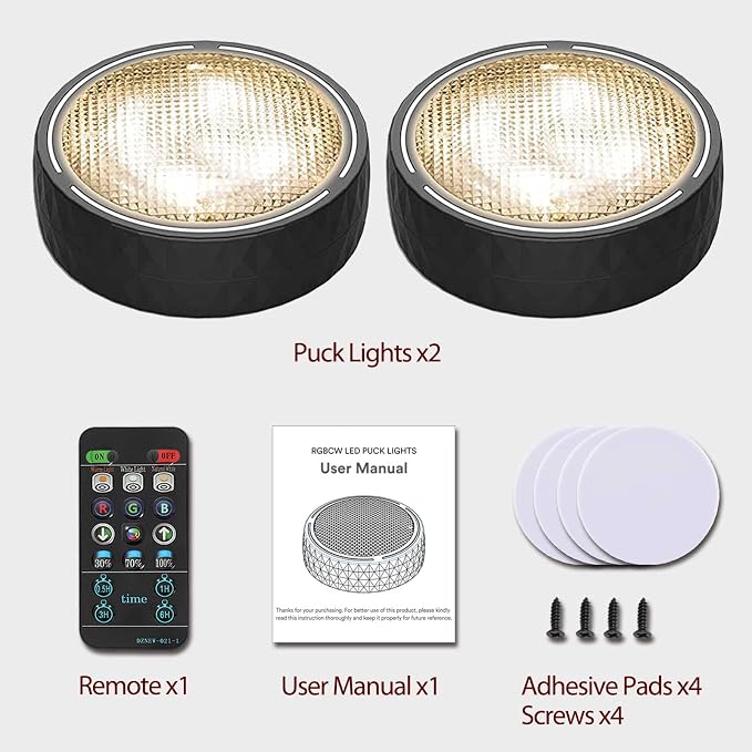 Onumii Battery Operated Under Cabinet Lighting with Remote, Wireless LED Puck Lights Color Changing with Timer, Stick On Closet Lights for Kitchen Cabinets Shelf Display - 2 Pack Black