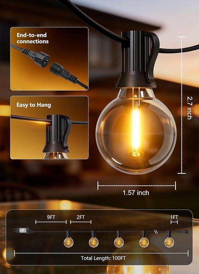 Brightown Outdoor String Lights, 100FT Shatterproof LED Patio Lights with 46 Dimmable Plastic G40 Bulbs, 2700K Waterproof Connectable Hanging String for Backyard, Cafe, Porch, Deck, Home Decor