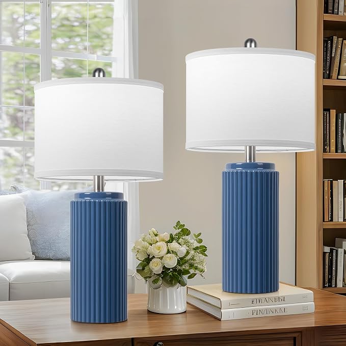 23.5" Blue Ceramic Table Lamps Set of 2, Modern Nightstand Lamps | Bedside Table Lamps with White Linen Shade, Ideal Size, Farmhouse Home Decor for Living Room Bedroom Office End Table Dorm