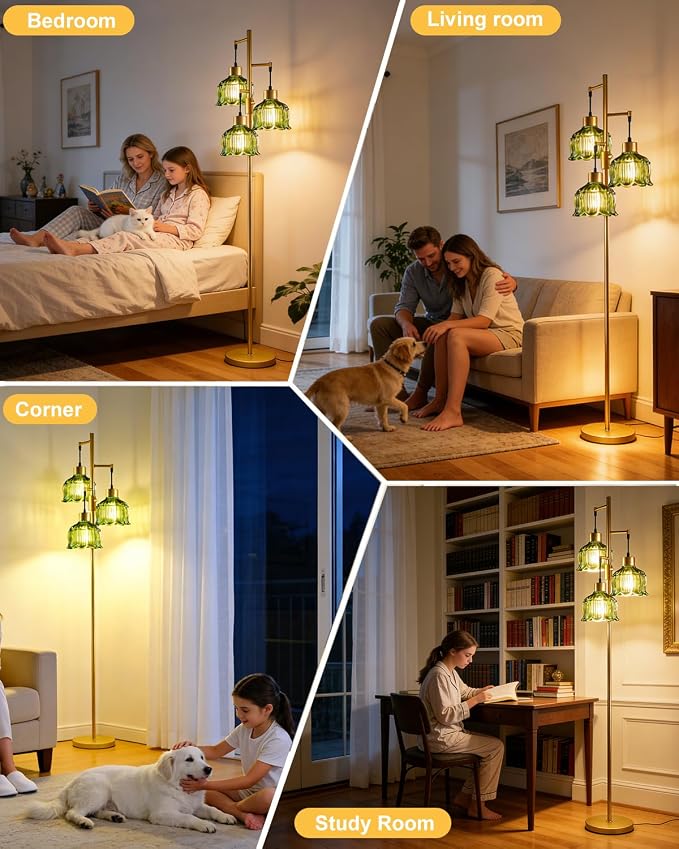 Lightdot 3-Light Floral Floor Lamp 65'' Dimmable Floor Flower Lamp with Green Glass Shade& Bulbs Included, Mid Century Standing Tall Lamp with 5Lbs Heavy Base for Living Room/Bedroom/Sofa Beside-Gold