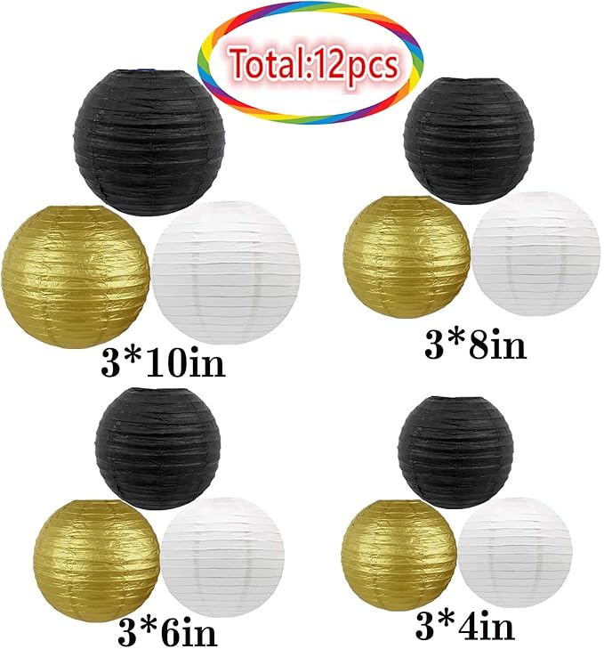 Black Gold and White Paper Lanterns 12Pcs Hanging Round Paper Lanterns Decorative for New Years Decorations Graduation Baby Shower Wedding Birthday Family Parties 