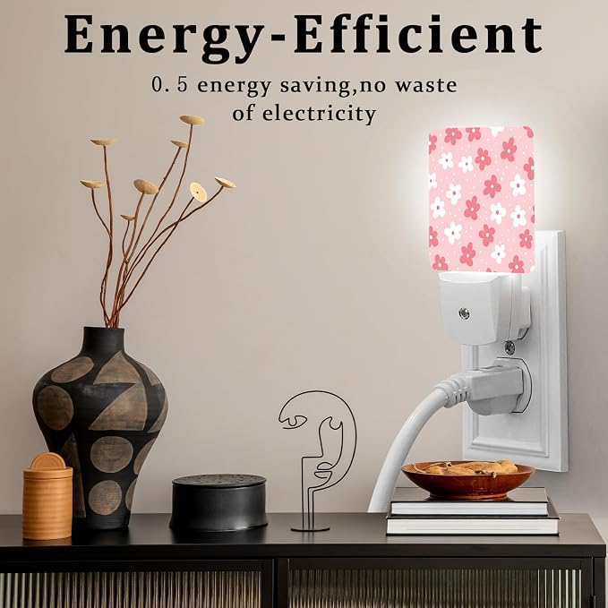 White Pink Flower Night Light, Plug-into Wall Boho Flower Floral Nightlight Lamp with Dusk to Dawn Sensor, Led Lamp 0.5W Energy Efficient for Boys Girls Adults Home Decor