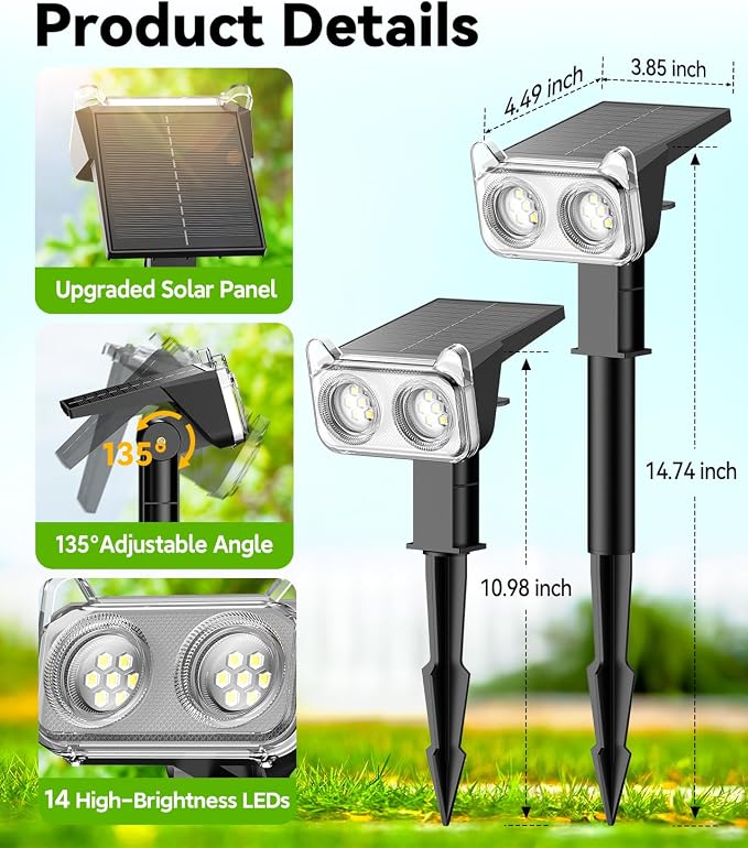 LETMY Solar Lights Outdoor Waterproof IP65, Solar Spot Lights Outdoor With 14 Big LEDs, 2-in-1 Wall Lights & 2 Modes Solar Powered Landscape Spotlights for Garage Pathway Yard Decor Garden Gift 2 Pack