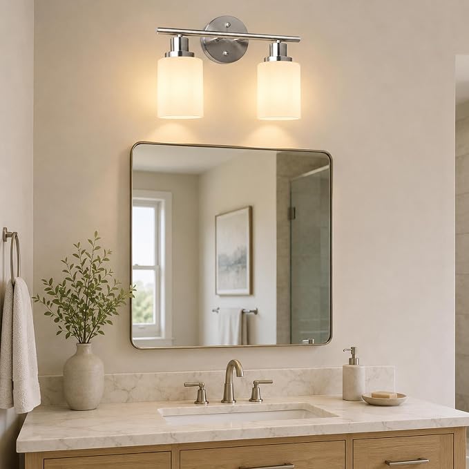 2 Light Bathroom Light Fixtures, Modern Vanity Lights with Milky White Glass Shade, Brushed Nickel Wall Lamp Over Mirror for Bathroom, Living Room, Cabinet, Bedroom, E26 Base