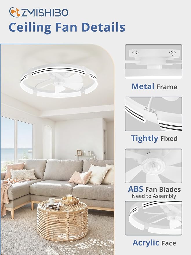 ZMISHIBO Low Profile Ceiling Fans with Lights and Remote, 24 “ White | 3000K-6000K Dimmable Fandelier LED, Flush Mount, 6 Wind Speeds, Reversible, Timer, Bedroom, Living Room, Kitchen, Kids Room