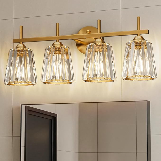 Crystal Bathroom Light Fixtures Over Mirror, Gold 4-Light Bathroom Vanity Lights Over Mirror Modern Wall Lighting Sconces with Ceramic E26 Base (Bulbs Not Include)