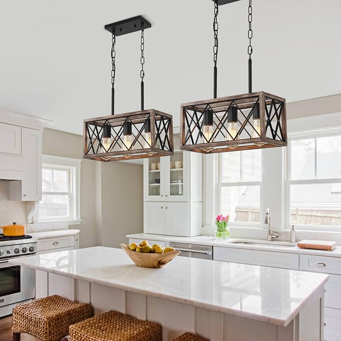 KEESFU 3-Light Farmhouse Light Fixtures, Dining Room Light Fixture | Farmhouse Kitchen Light Fixtures for Kitchen Island, Over Sink & Dining Table; Adjustable Height, Wood Grain Color;E26 Base