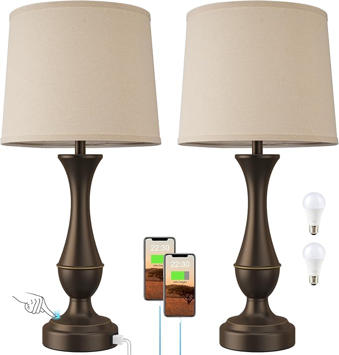 Touch Lamps for Nightstand, 3 Way Dimmable Lamps for Bedroom with USB C+A | Touch Control, USB C+A Charging Ports, Table Lamps for Living Room, Night Stands, Bedside, Bedroom, Bulb Included, Brown