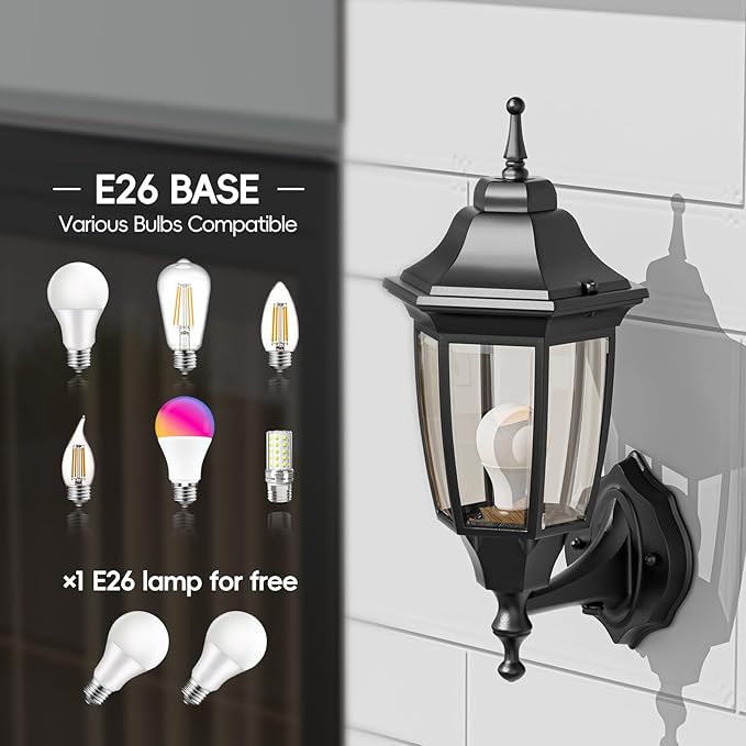 EMART Dusk to Dawn Outdoor Porch Light, Exterior Anti-Corrosion, Waterproof Aluminum & Glass Shades Wall Lamp Fixture, Modern Sconce Lantern for Yard, House, Garage - 1 Pack, Black (Bulb Included)
