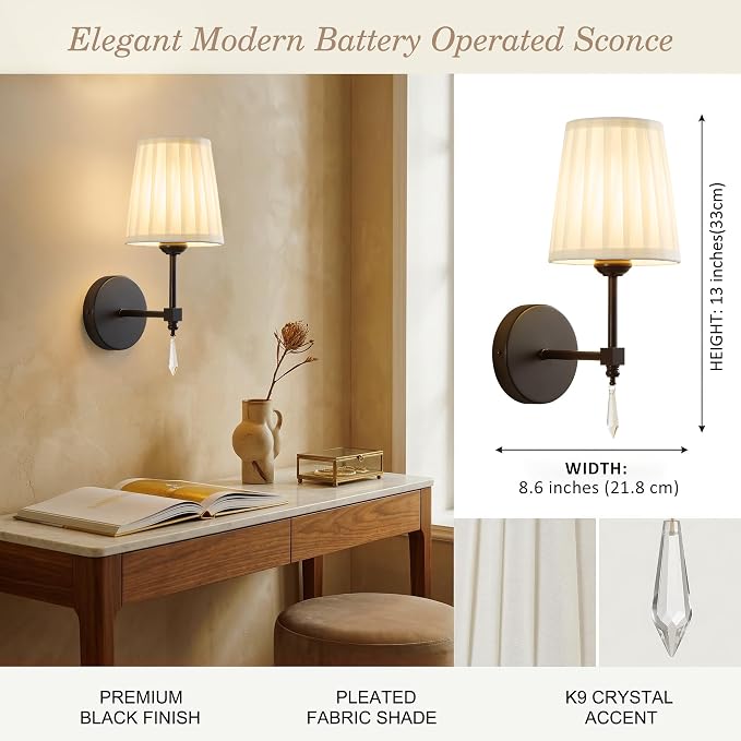 Black Battery Operated Wall Sconce,10000 Mah Rechargeable Wall Sconces set of 2 With Remote,3CCT and 12 RGB Sconces Battery Operated Dimmable,Fabric Sconces Wall Decor Set of 2 for Bedroom,Living Room