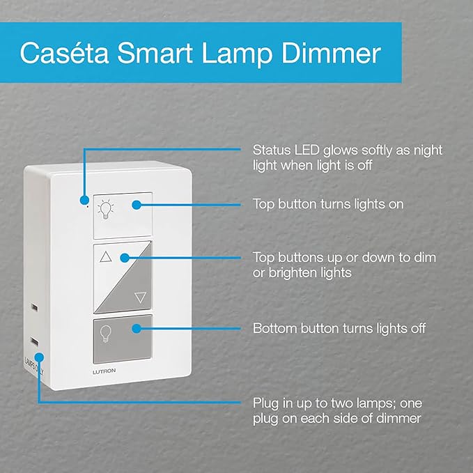 Lutron Caseta Plug-In Smart Lamp Dimmer Switch (Lutron Hub Required), Smart Light Switch Dimmer for Floor & Table Lamps, LED Lights, White (PD-3PCL-WH)