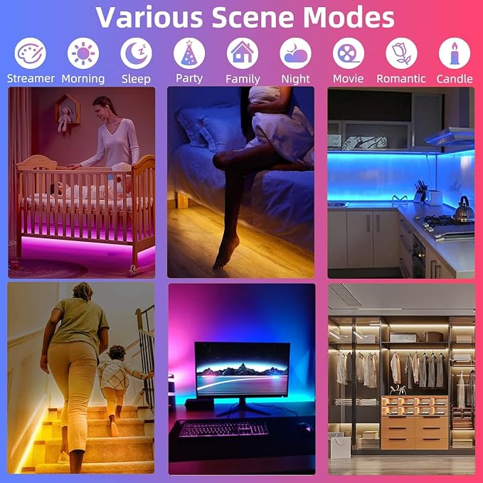 Motion Sensor Under Bed Lights,2x13.12Ft RGB LED Strip with RF Remote & APP | 5V Music Sync Color Changing LED Lights with Constant On,Motion Activated,Light Sensing 3 Modes for Bed Stair