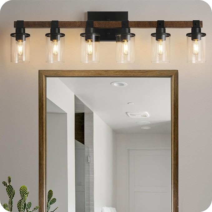 6-Light Bathroom Light Fixture, Vanity Lights for Bathroom with Glass Shade, Rustic Bathroom Light Fixtures, E26 Base F12BD05